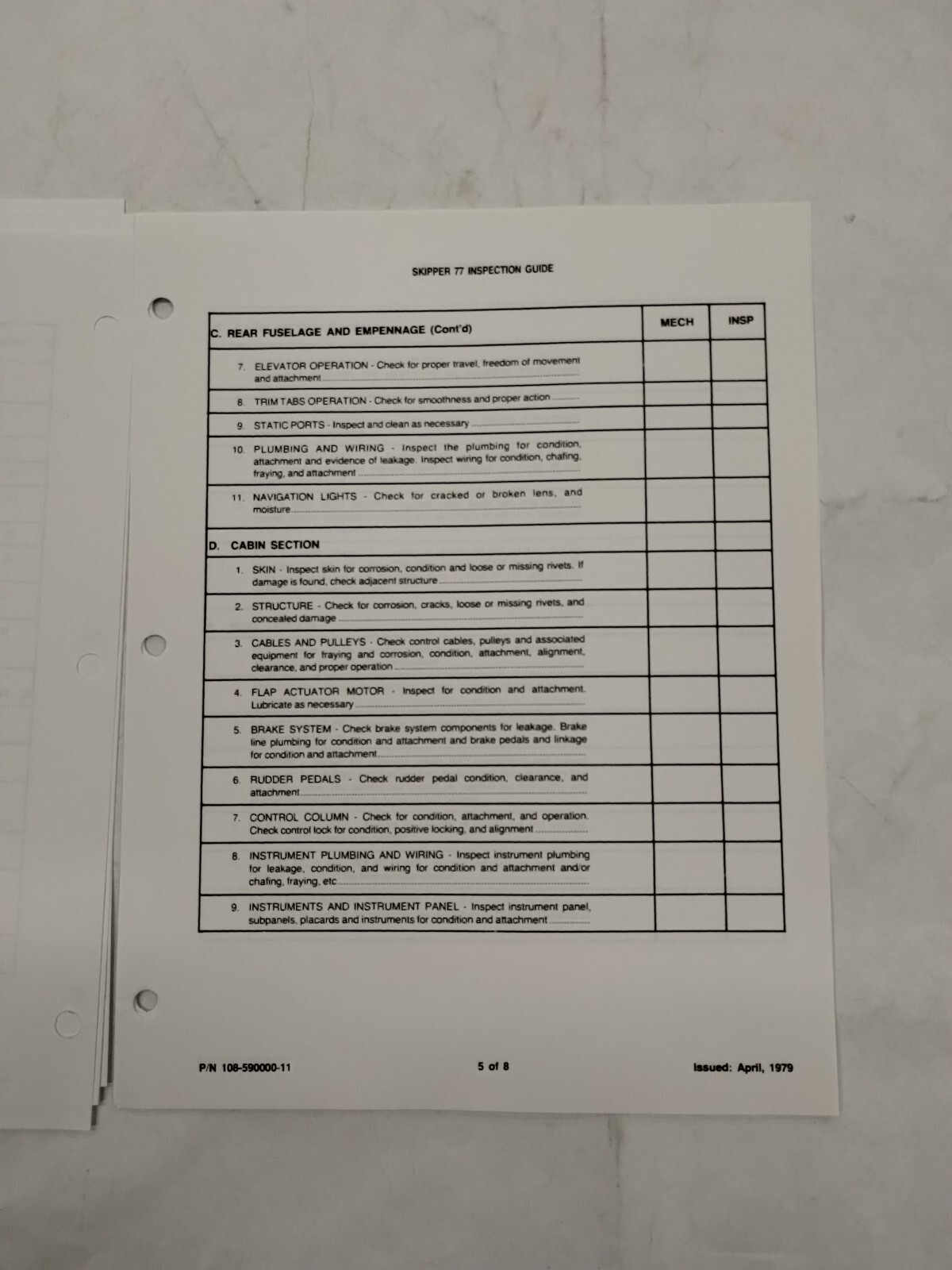 Beechcraft Model Skipper 77 Inspection Guide (12-Sets)-Original