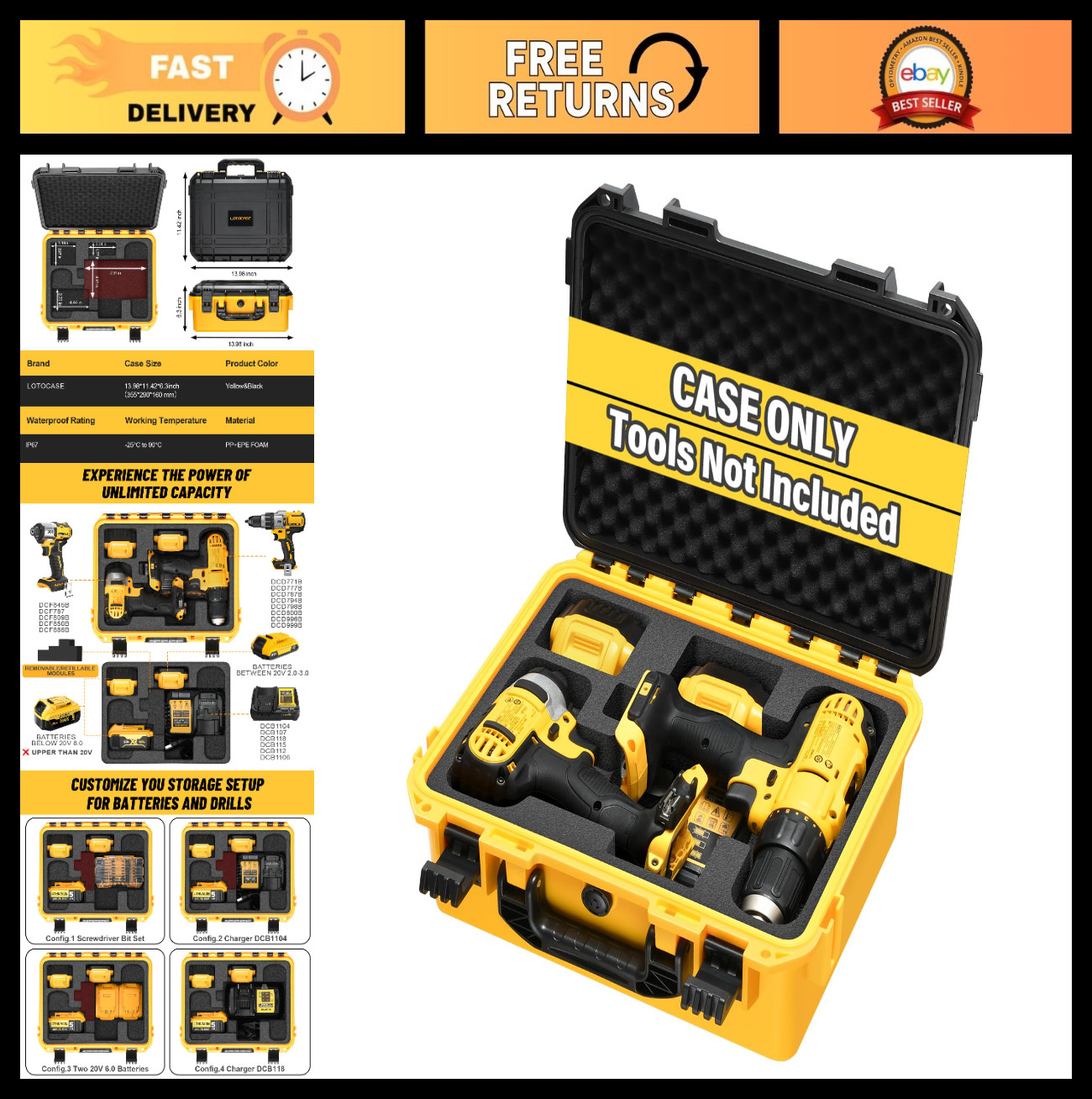 Waterproof Hard Case for Cordless Drill/Impact Driver Set - Custom Foam Insert,