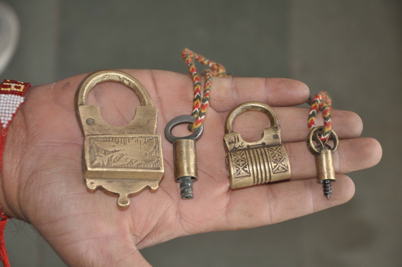 2 Pc Vintage Brass Handcrafted Inlay Engraved Padlock, Nice Patina