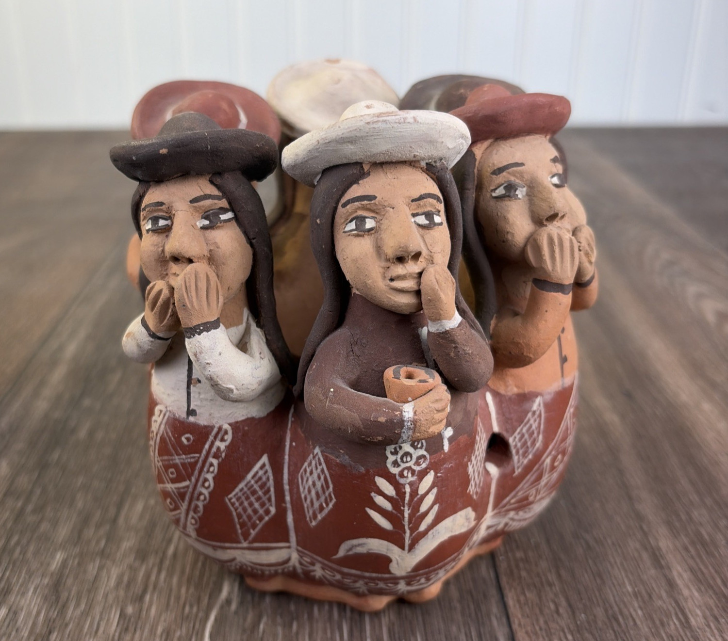 Peruvian Folk Art Terracotta Clay Circle 6 Women Gossiping Whistle Figurine 5"