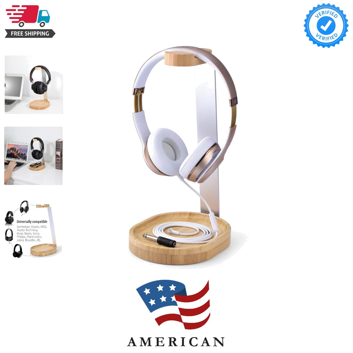 TR902 - Universal Wooden & Aluminum Headphone Stand Hanger with Cable Holder,...