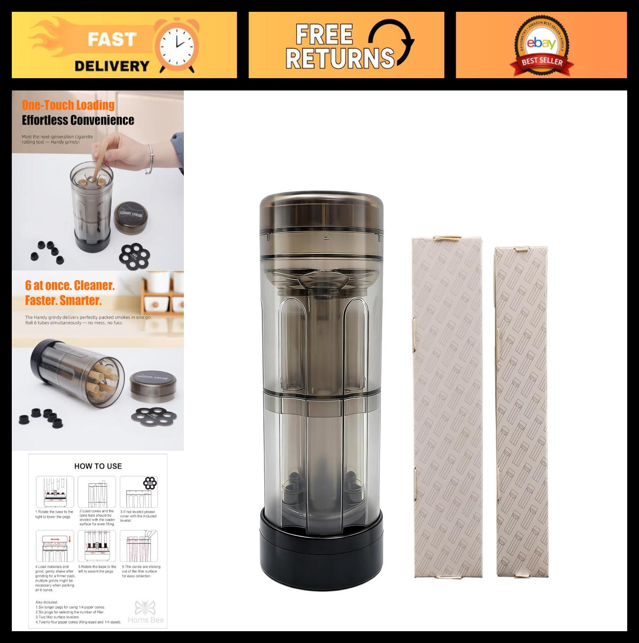 6-in-1 Pre Roll Machine & Grinder for Herbs, Spice & Tea | Cone Loader, Portable