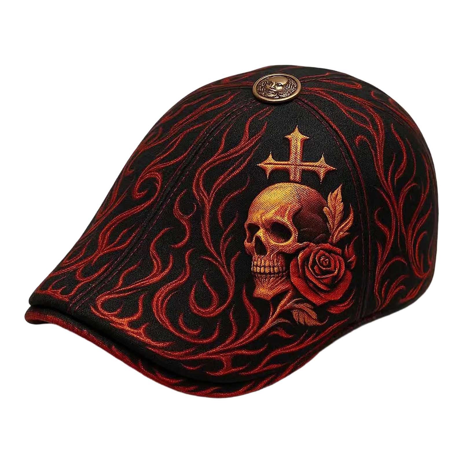 Skull & Thorn Embroidered Beret Cap With Skull Rose & Cross Elements Retro Cap