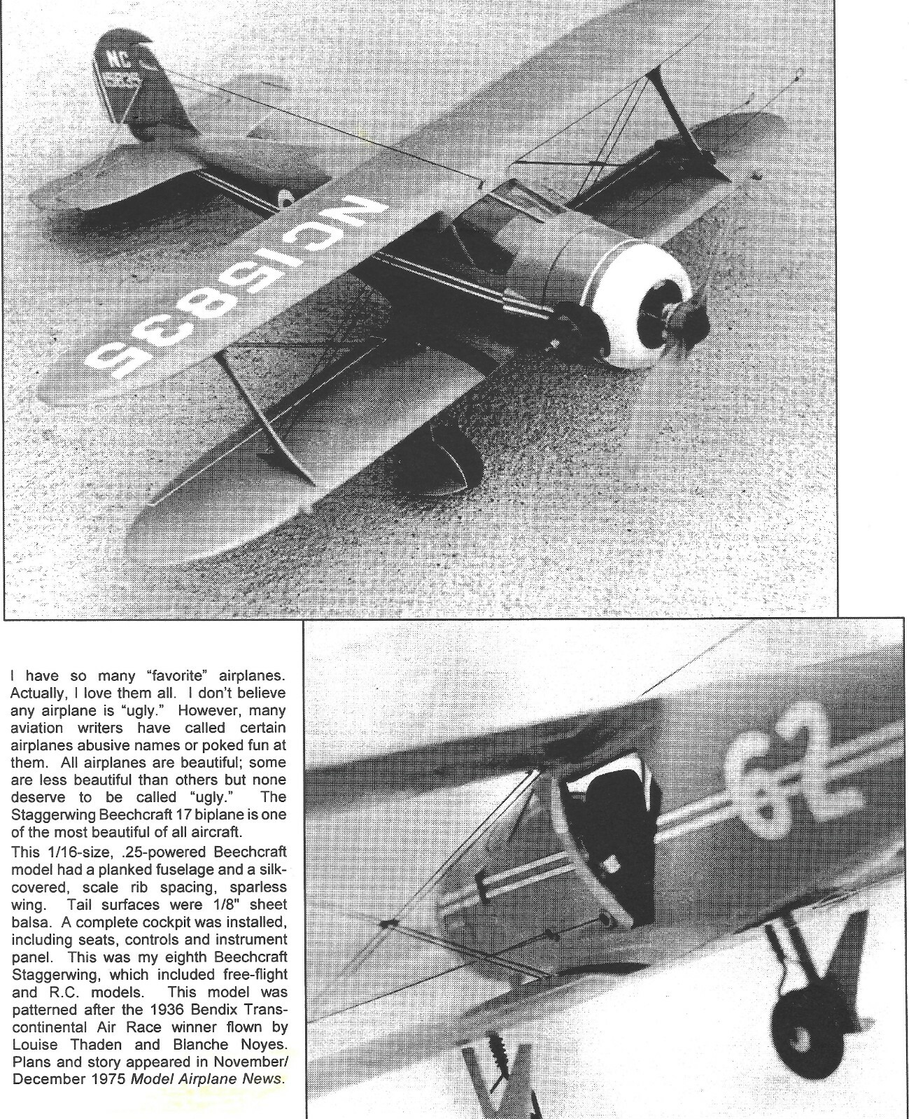 BEECH STAGGERWING G17S PLAN + CONSTRUCTION ARTICLE for 32" UC Model Airplane