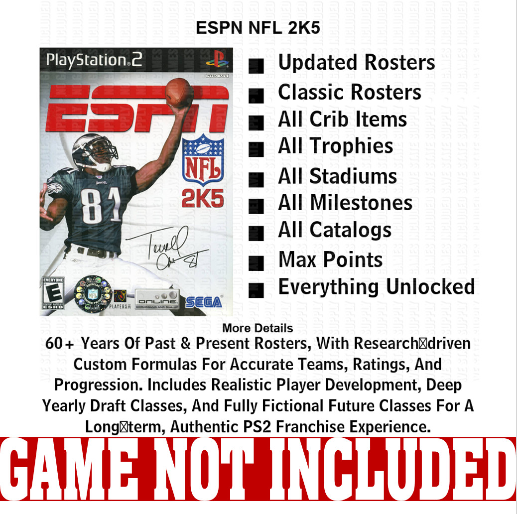 ESPN NFL 2K5 Classic Historic Updated Roster Update PS2 Memory Card