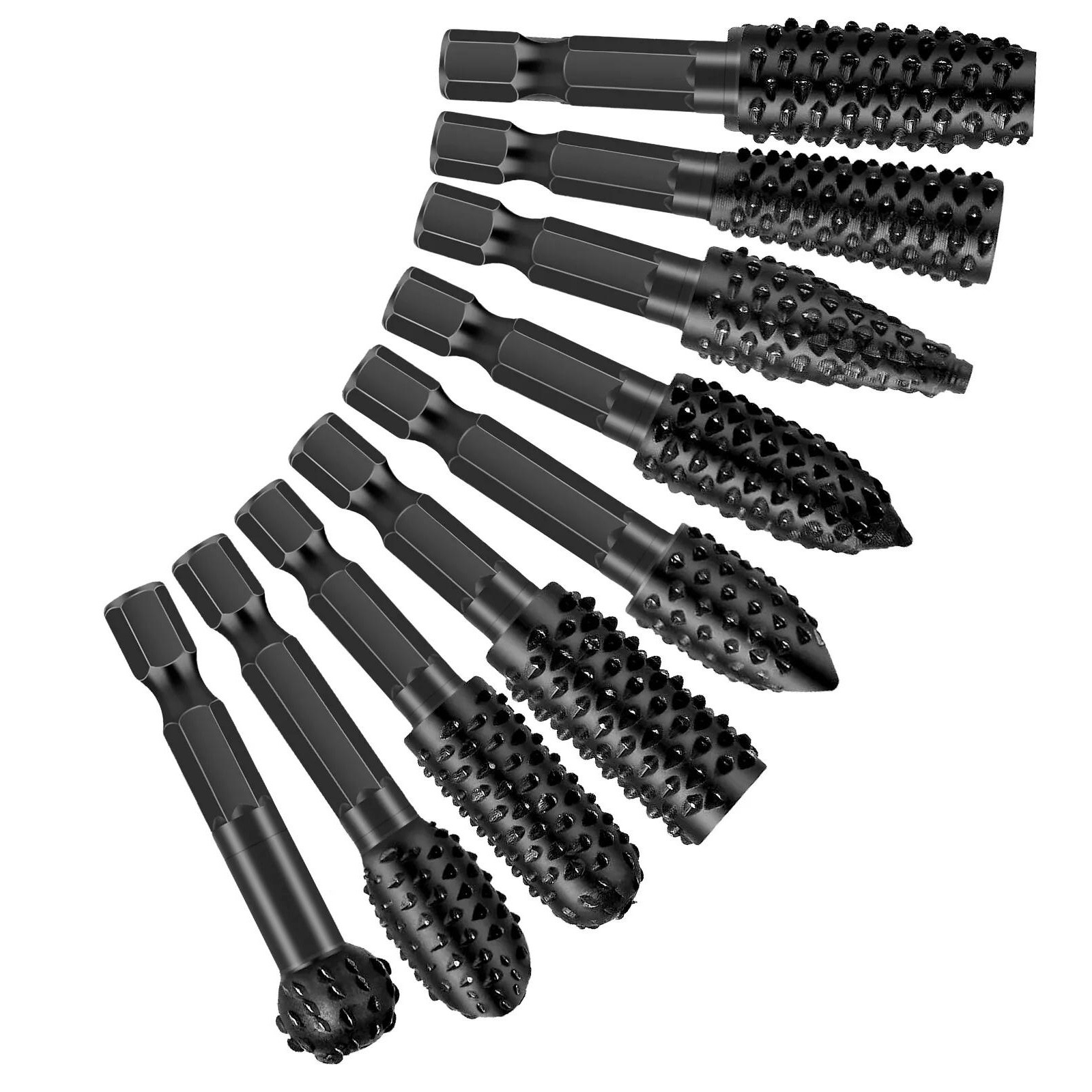 10Pcs 1/4in Shank Rotary Burr Rasp Set Steel Wood DIY Carving File Drill Bits