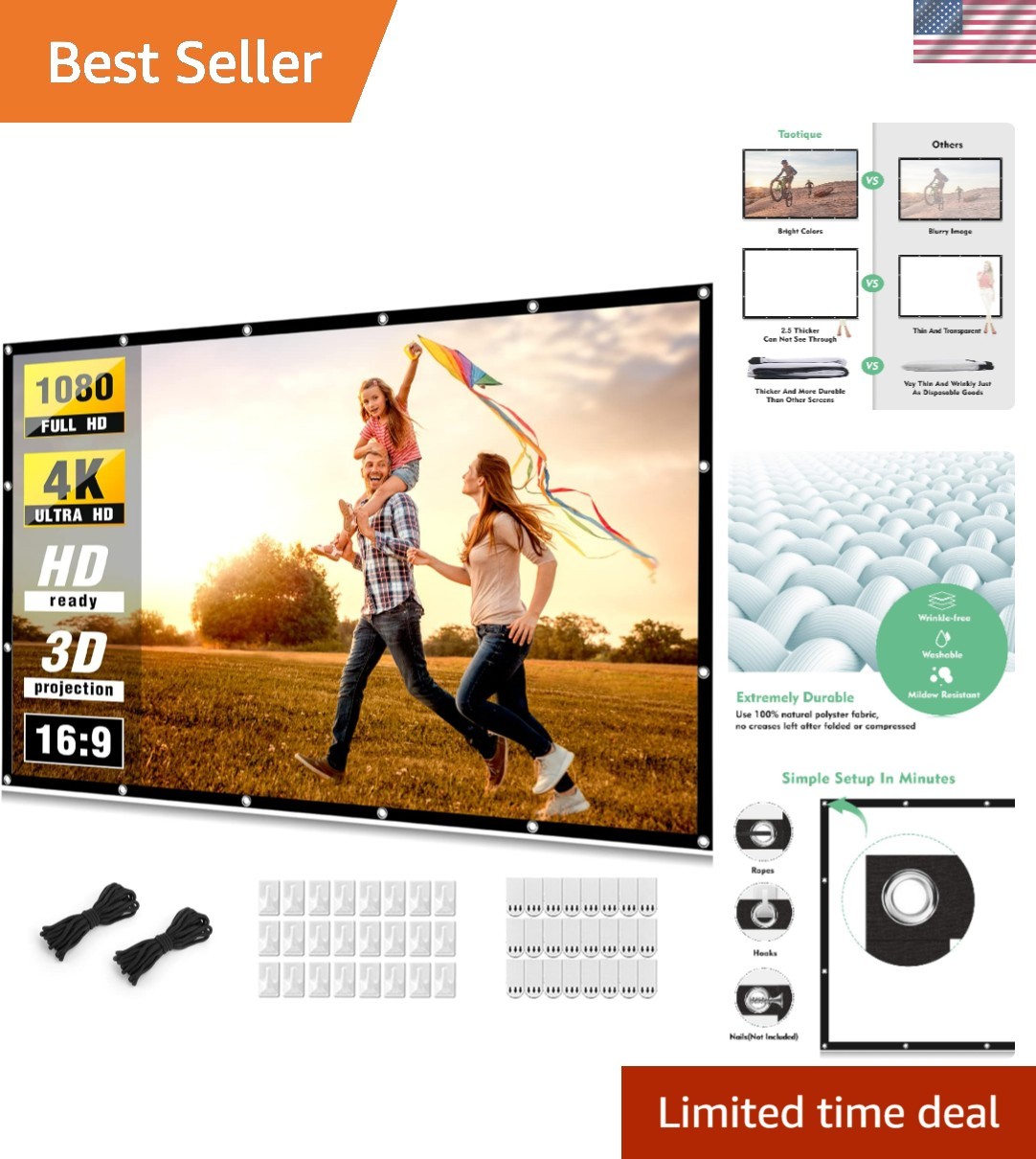 Projector Screen 150 inch, 4K Movie Projector Screen 16:9 HD Foldable and Por...