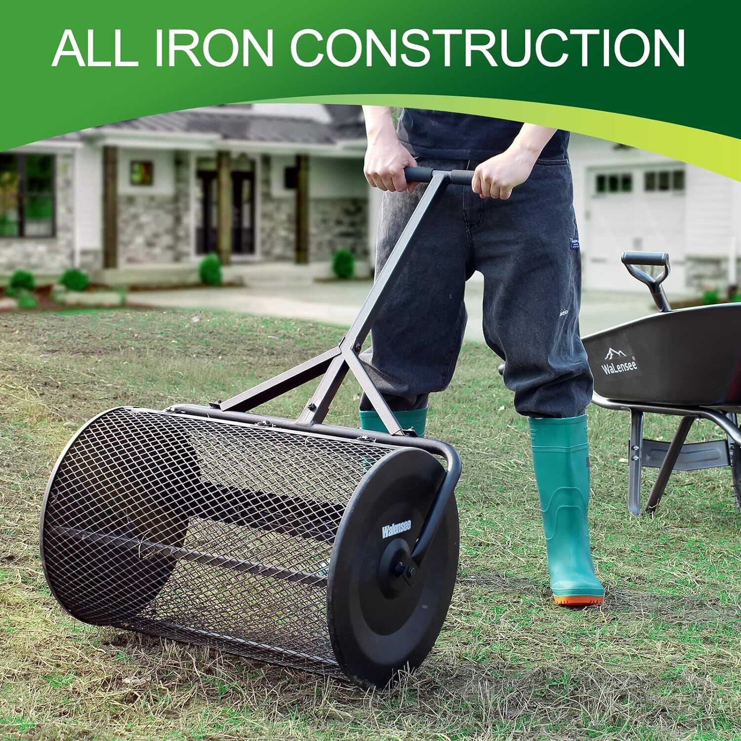 Peat Moss Spreader Metal Mesh Basket with Handle Compost Seeding Spreader Roller