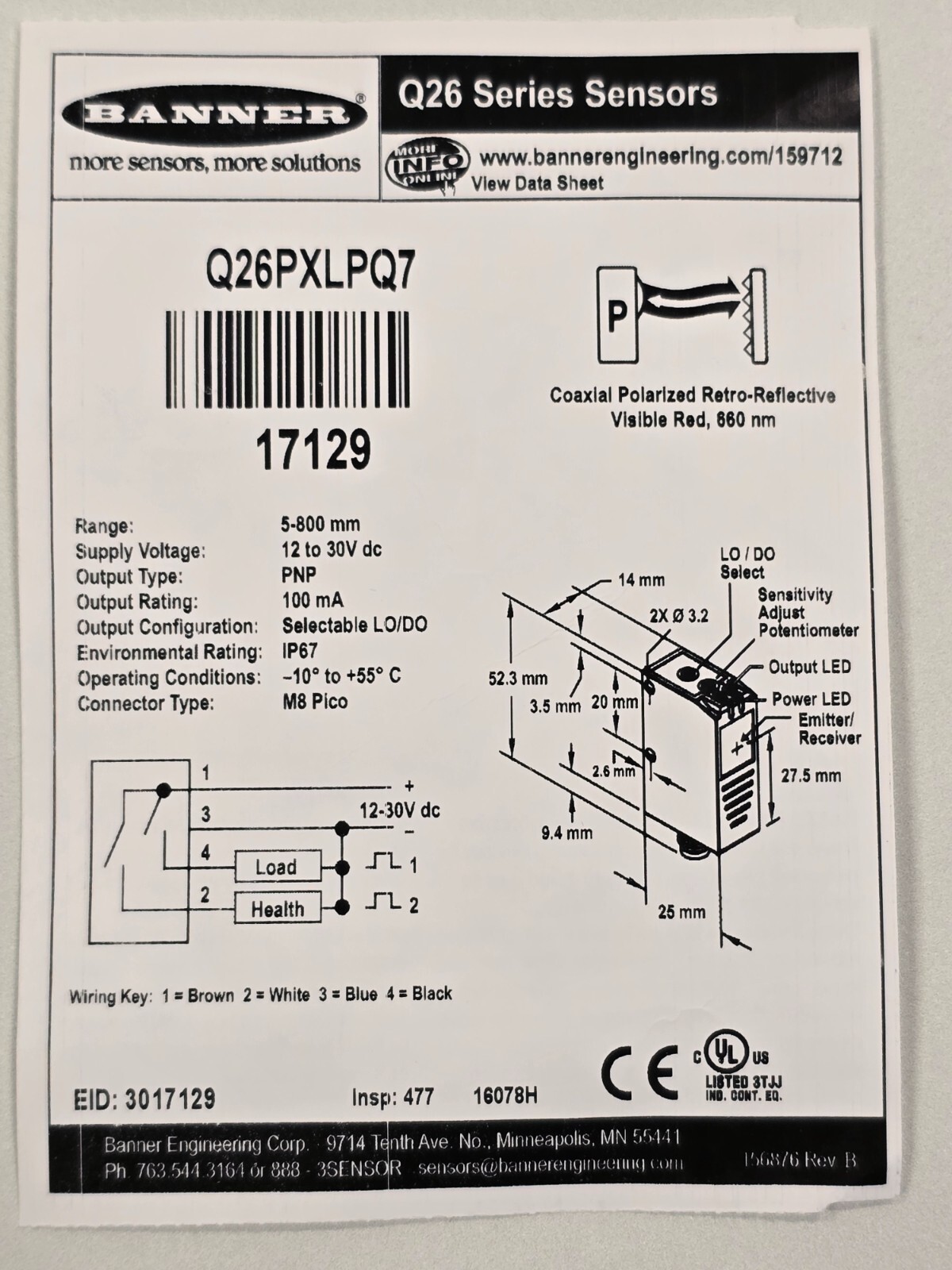 BANNER Q26PXLPQ7 Q26 Series Object Sensor
