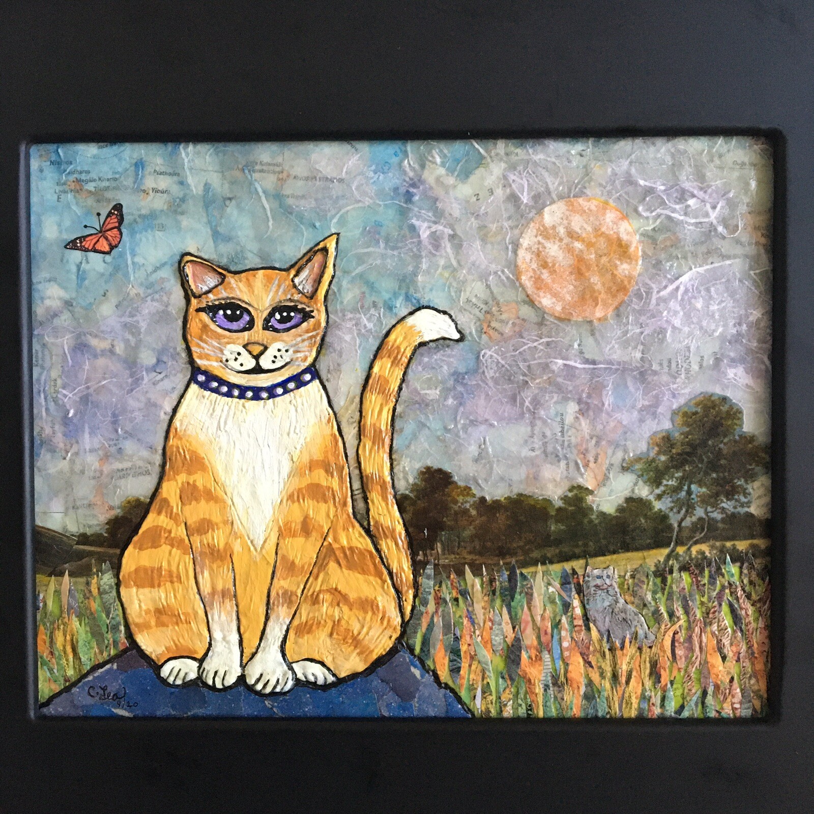 Original Orange Cat Mixed Media Signed and Framed Wall Art 14.5" x 12.5"