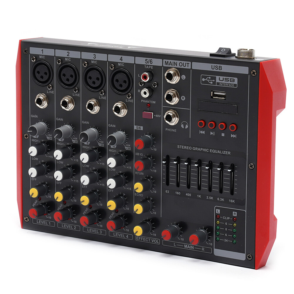 6 Channel Mixing Console Sound Live Studio Audio Mixer USB Bluetooth