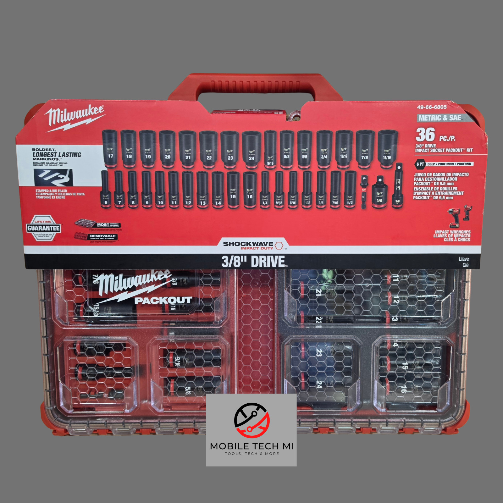 Milwaukee PACKOUT 3/8" Drive 36 Pc Impact Socket Set Kit Metric & SAE 49-66-6805