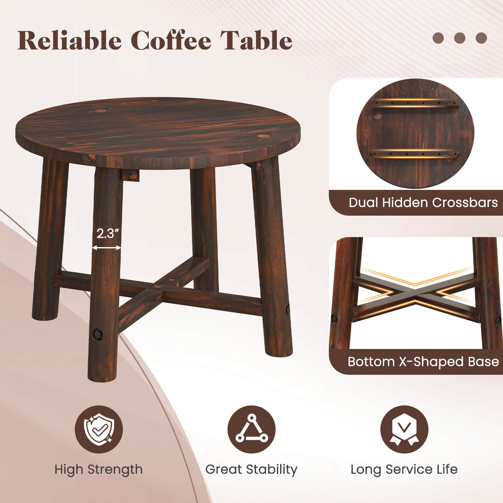 Outdoor Side Table w/ Solid Wood Structure Small Round Coffee Table for Garden
