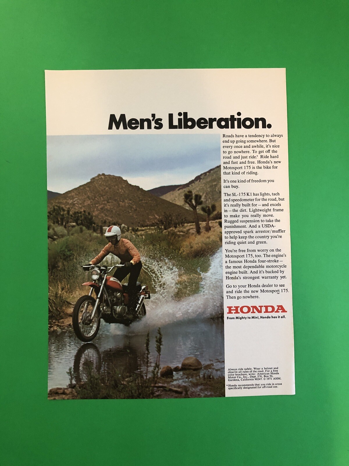 1971 HONDA SL-175 K1 SL 175 MOTOSPORT ORIGINAL VINTAGE PRINTED AD ADVERTISEMENT