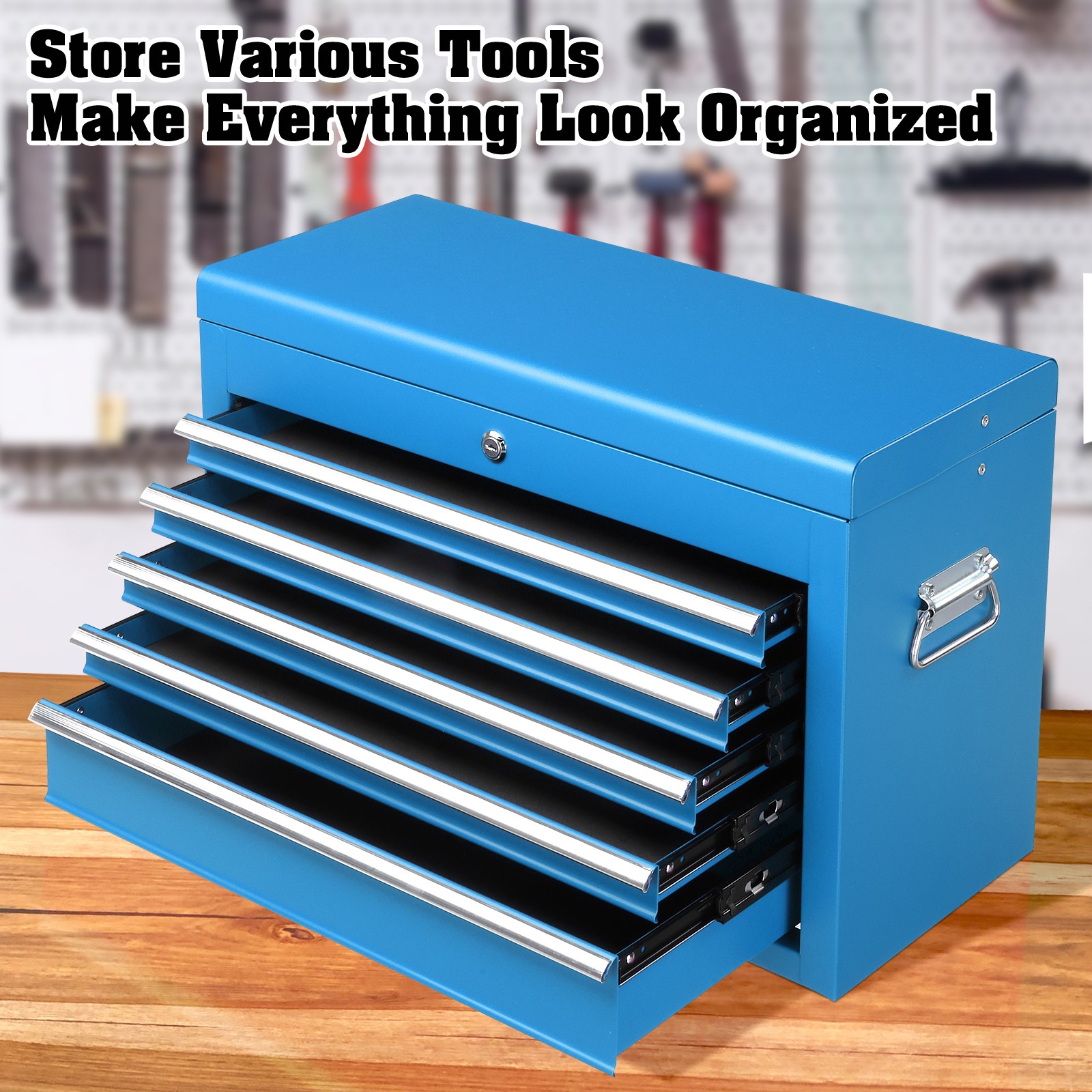 Blue Tool Chest Steel Tool Storage Box with 5 Drawers & Locking System & Keys