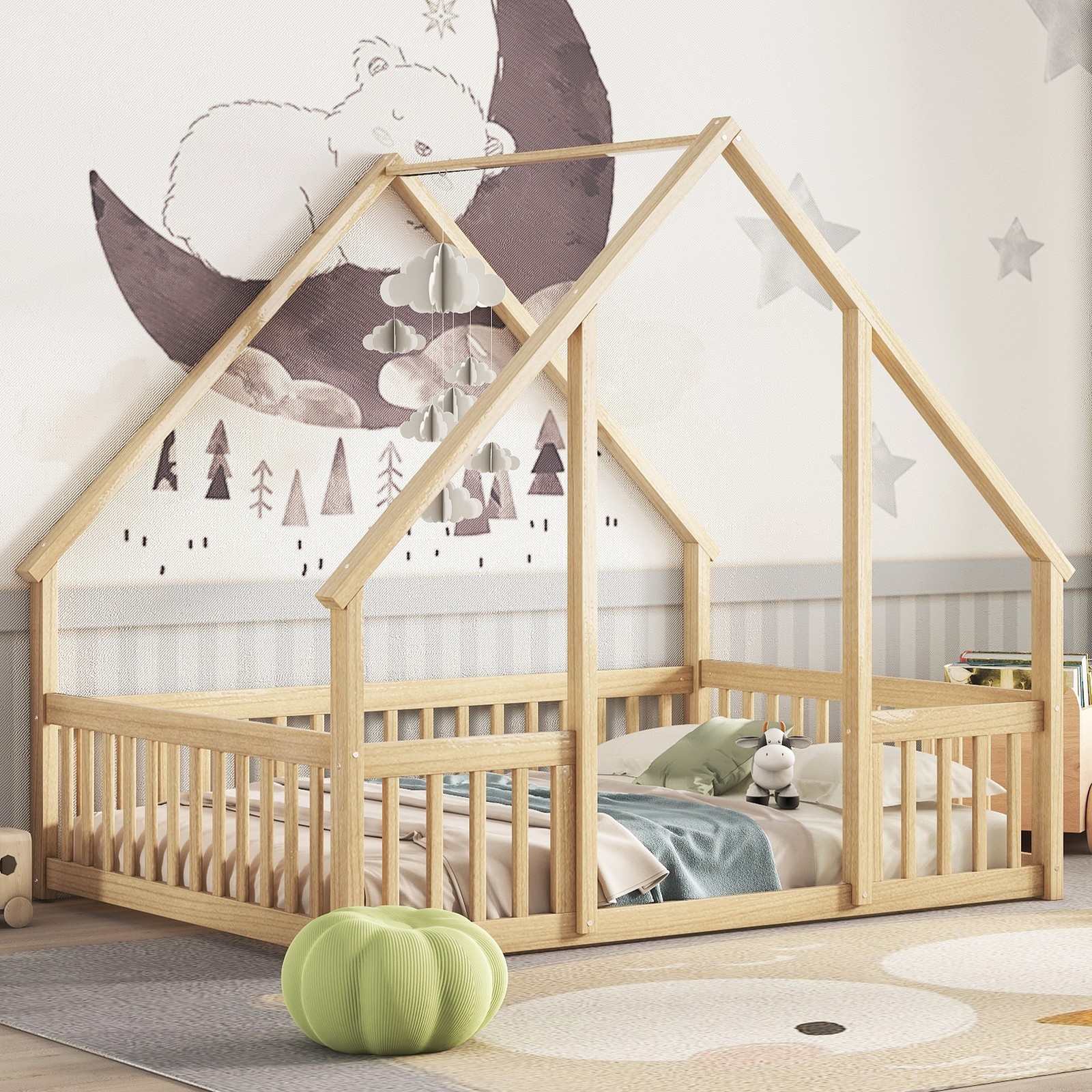 Natural Pine Wood House-Shaped Floor Bed with Guardrail Fence