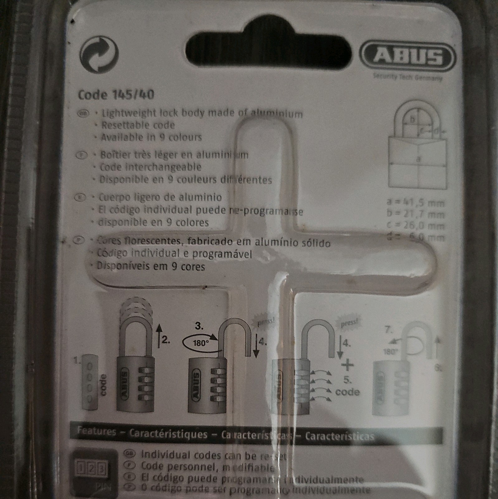 Abus 145/40 Red Combination Padlock, Side combo, resettable code
