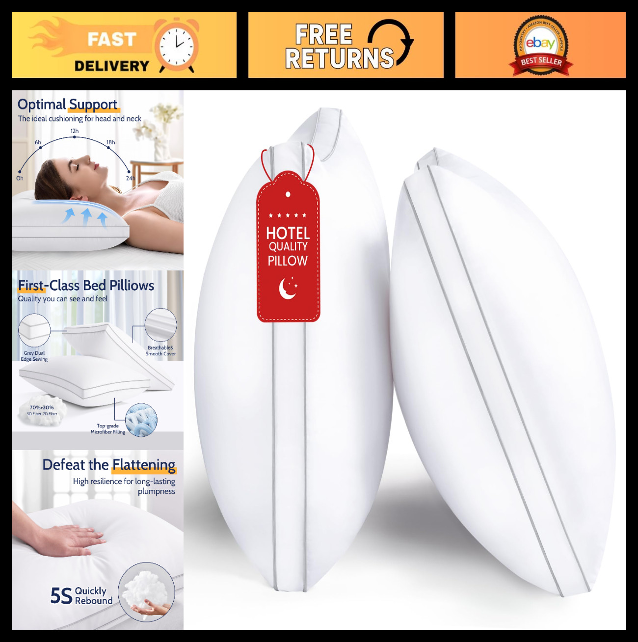 Standard Size Bed Pillows Set of 2 - Soft Down Alternative, Supportive, Machine
