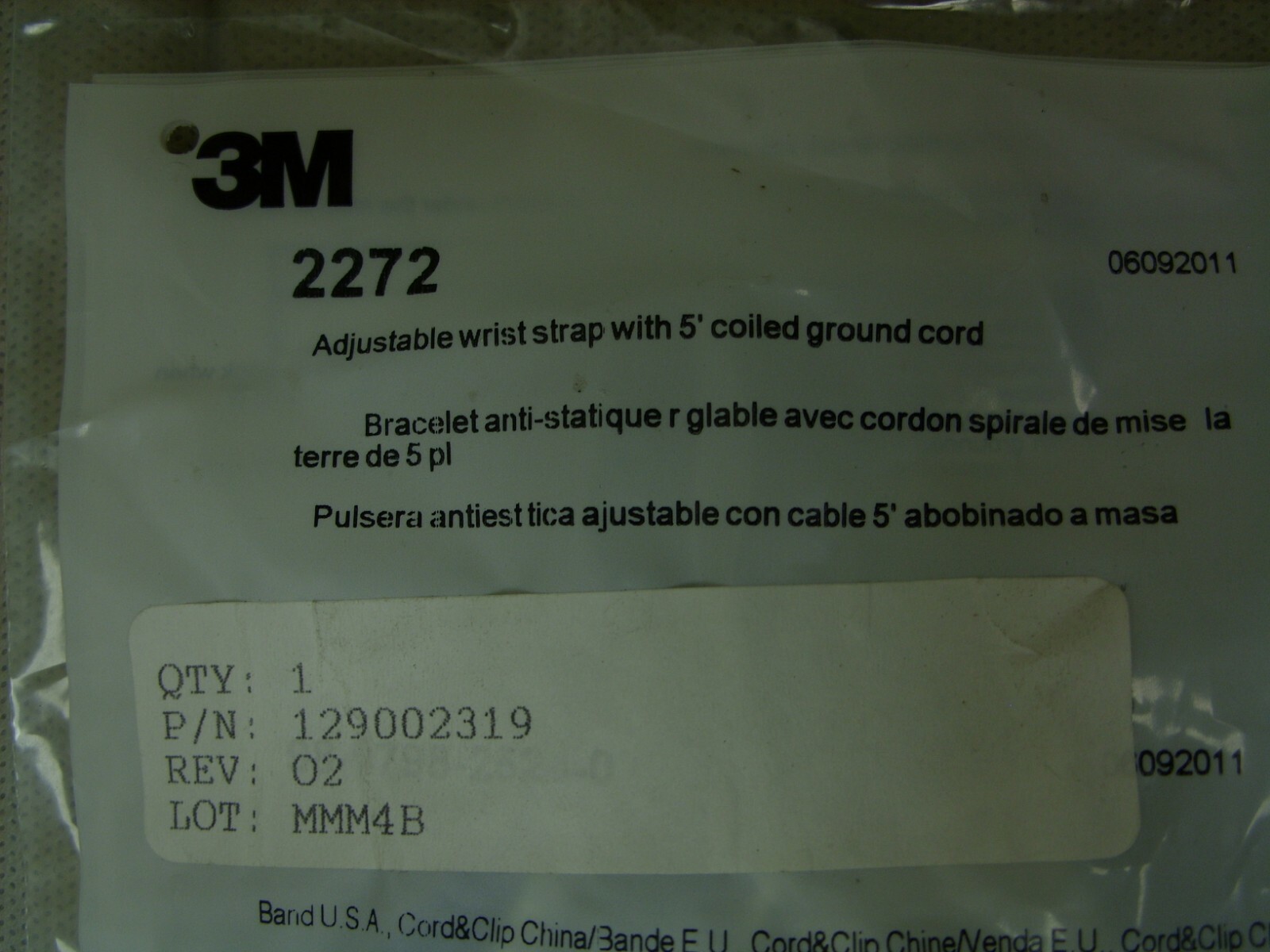 3M 2272 Adjustable Static Control Wrist Strap with 5' Coiled Ground Cord NIP