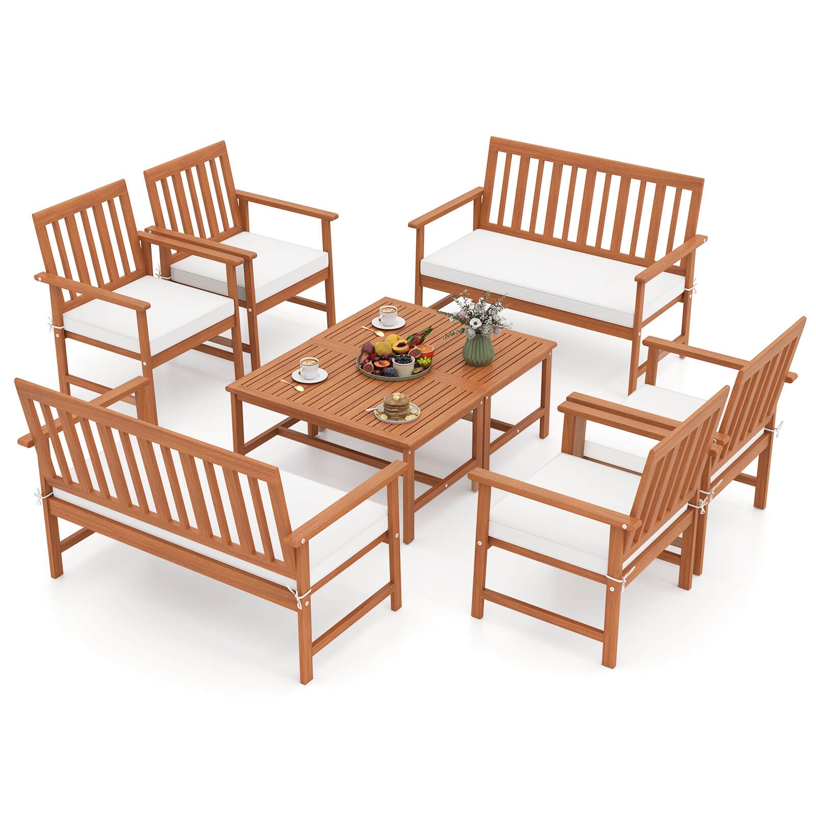 8 PCS Acacia Wood Furniture Set 2 Coffee Tables & 4 Armchairs w/ Seat Cushions