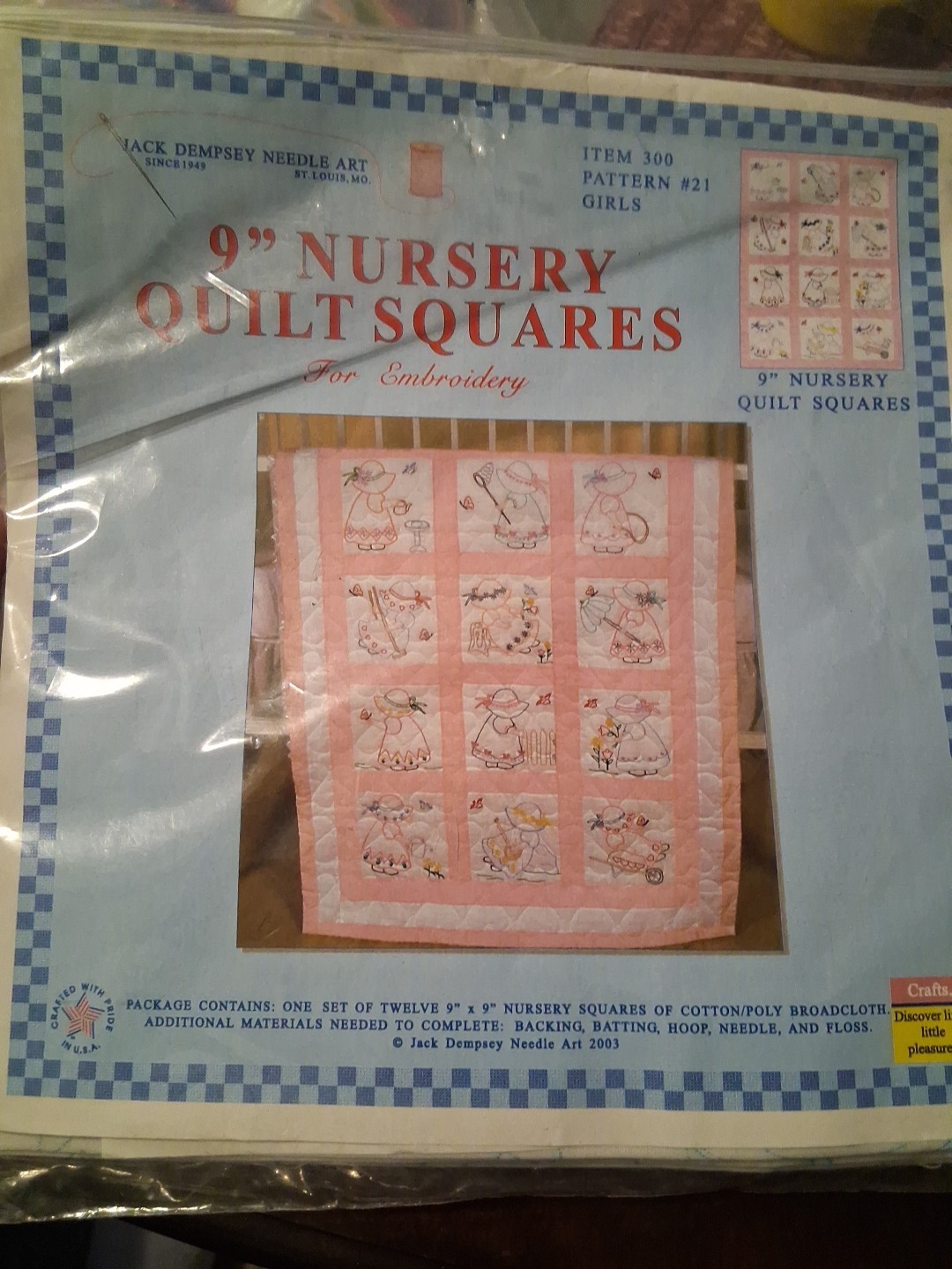 Jack Dempsey Needle Art: 12 9”x 9" Nursery Quilt Squares: Girls