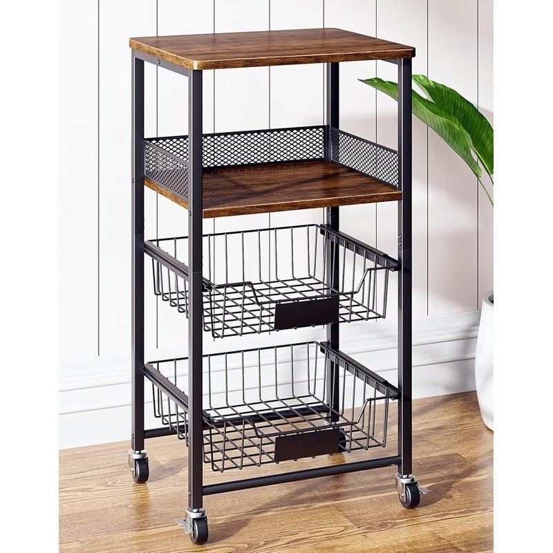 Rolling Kitchen Cart W/ Pull-Out Baskets Snack Organizer Fruit Storage New