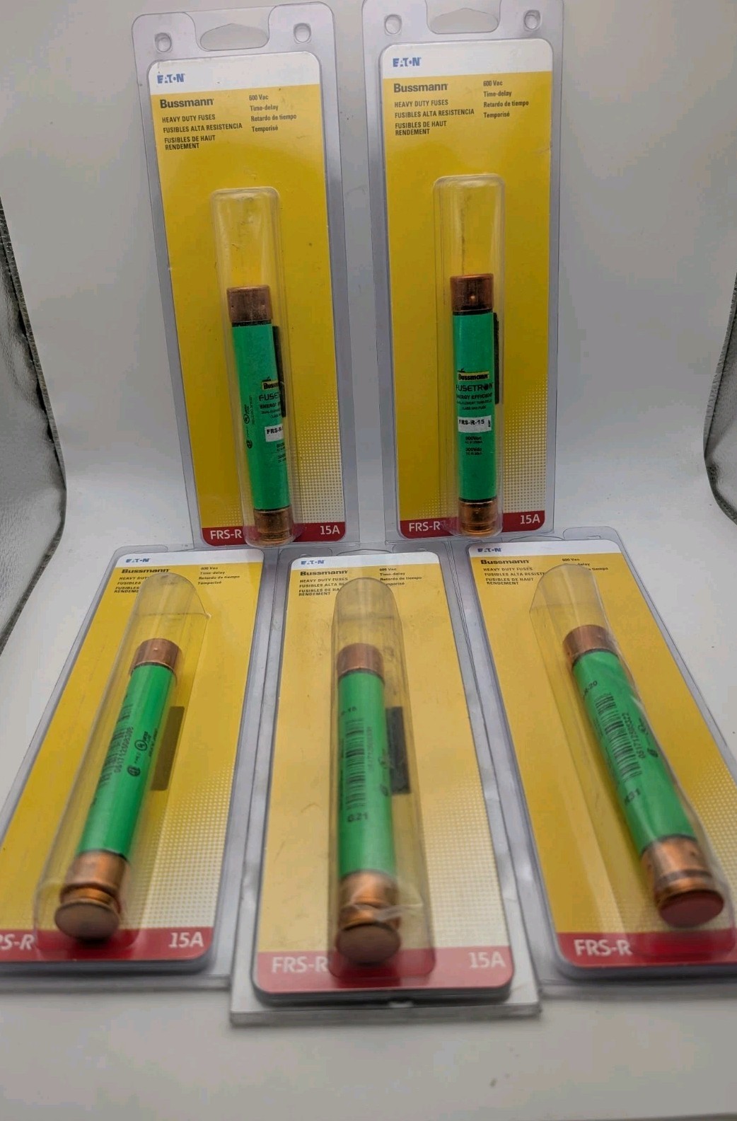 5x Eaton Bussmann 15-Amp Time Delay Cartridge Fuse FRS-R-15 Sealed PKG Wear