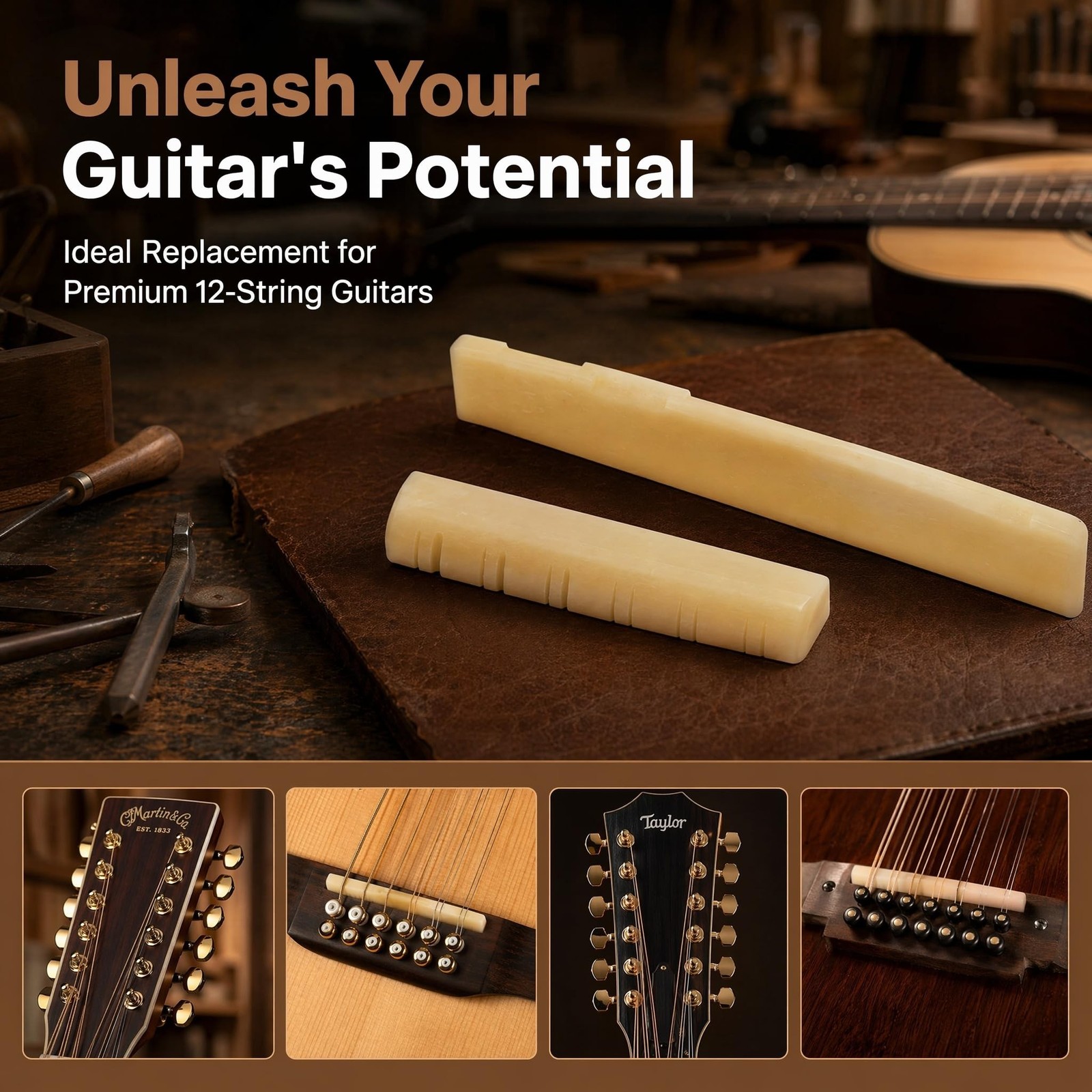 Miwayer 12 String Acoustic Bridge Guitar Unbleached Bone Saddle and Nut Made ...