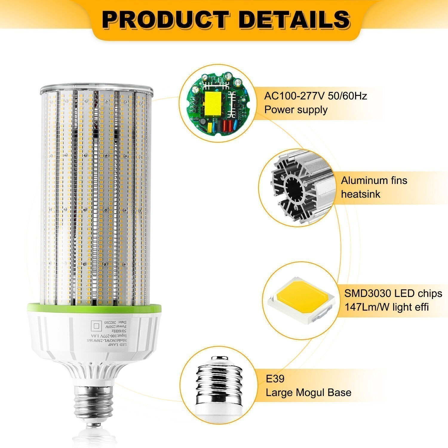 12Pack 250W LED Corn Light Bulb 5000K E39 Base, Warehouse Workshop High Bay Lamp
