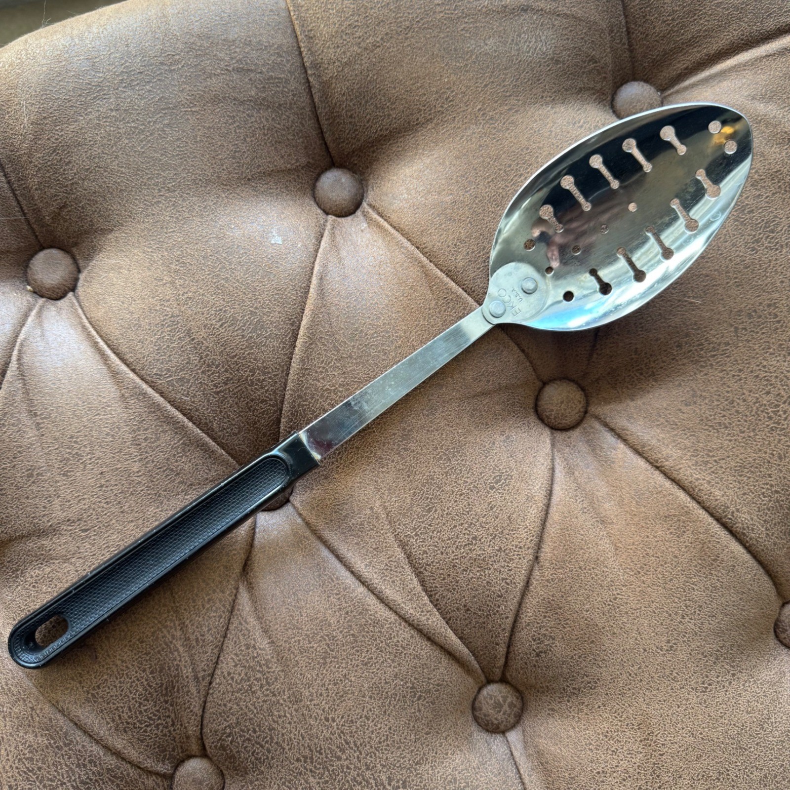 EKCO USA Vintage 60s Slotted Spoon Stainless Steel Black Plastic Handle 12 Inch