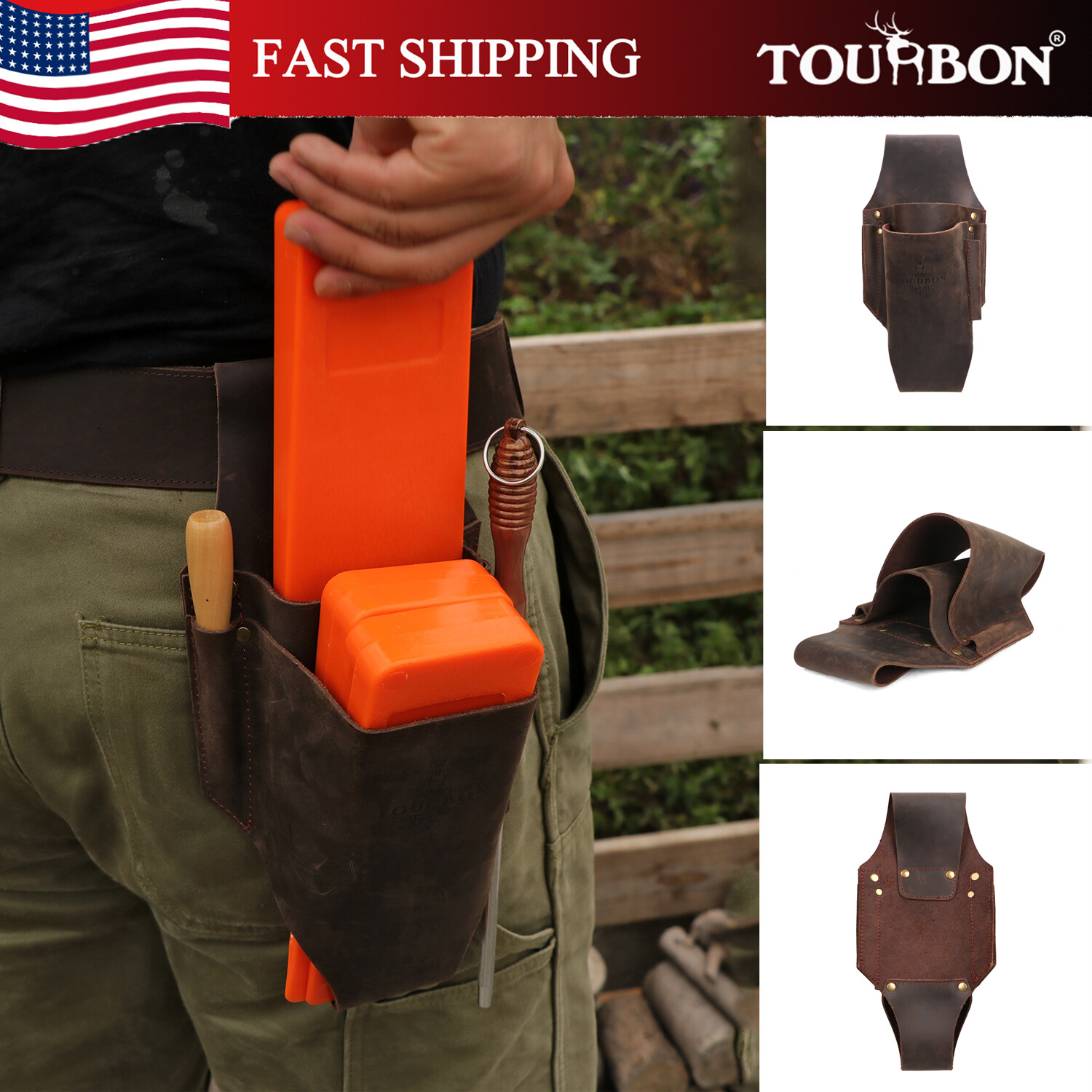 TOURBON Leather Loggers Woodsmen Tools Storage Belt Pouch Felling Wedge Holster