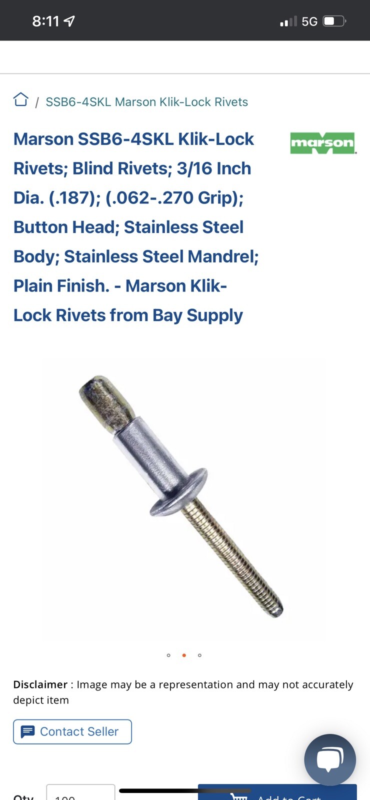 Marson Structural Rivets Stainless Steel-(6-4) 3/16" (0.062- 0.270 Grip) 100 Pcs