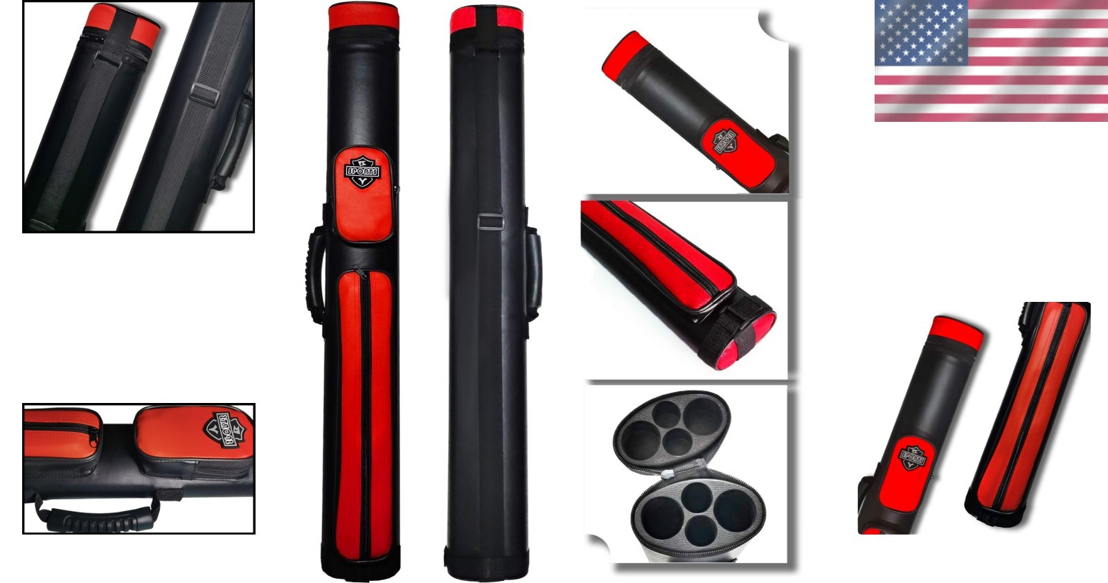 Billiard Cue Carrying Case 2 Load 4 Compartment Adjustable Strap Solid Red