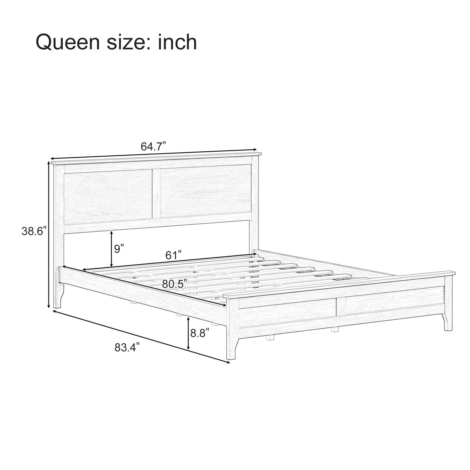 Queen/King Size Bed Frame Modern Solid Wood Platform Bed with Wood Headboard