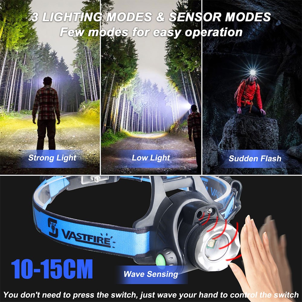 GREEN LED Rechargeable Headlamp Lighting Zoomable with Motion Sensor