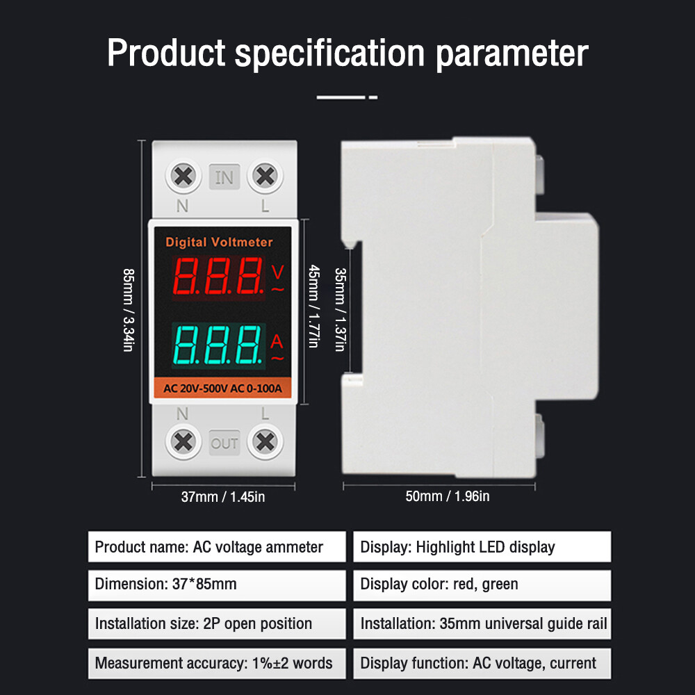 Din Rail LCD Digital Voltmeter Ammeter Electricity Meter AC 60-500V 0.00-99.9A