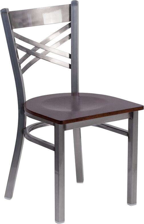 Clear Coated ''X'' Back Metal Restaurant Chair with Walnut Wood Seat