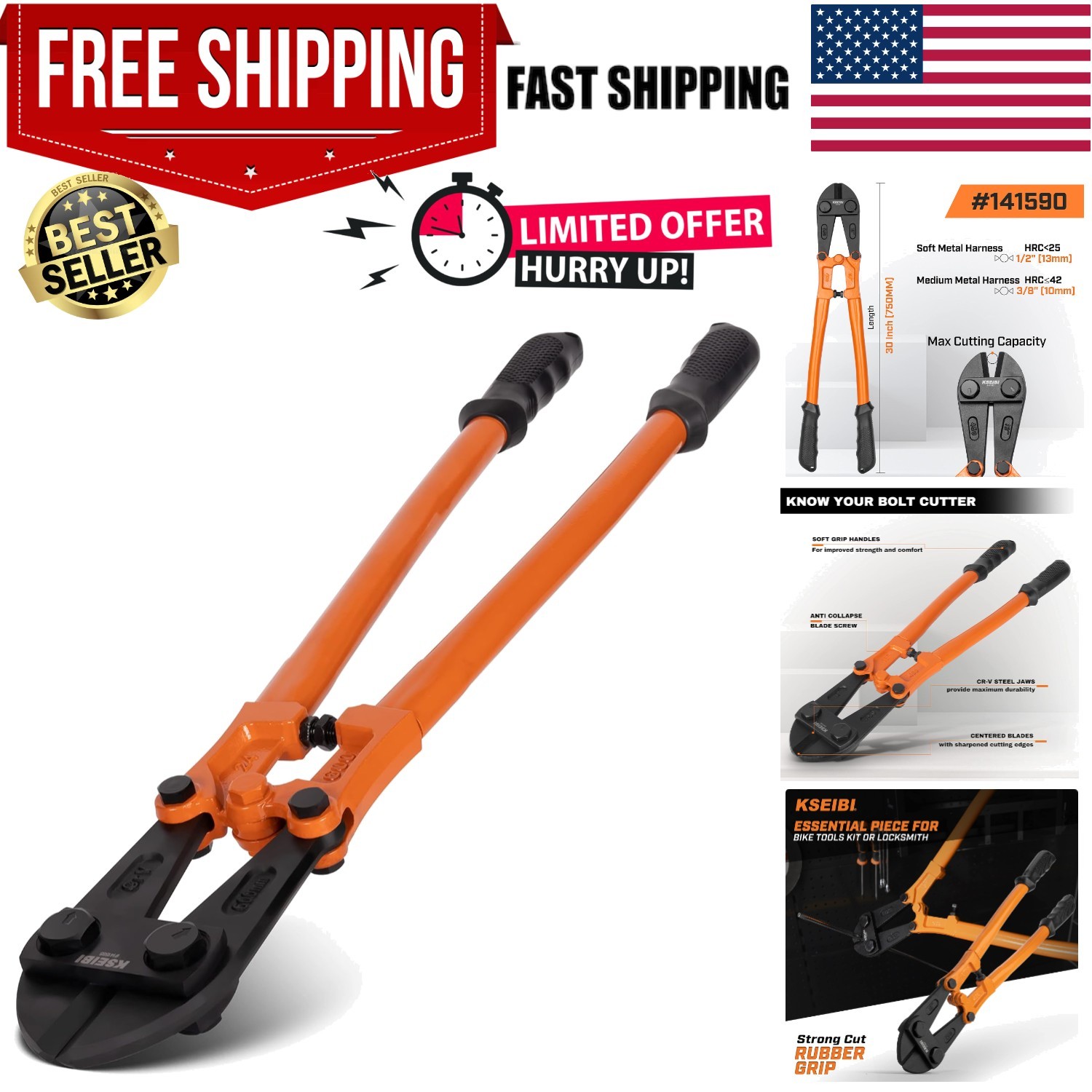 Heavy-Duty Large Bolt Cutter 30" for Cutting Fence, Steel Wire, Chain, Screws...
