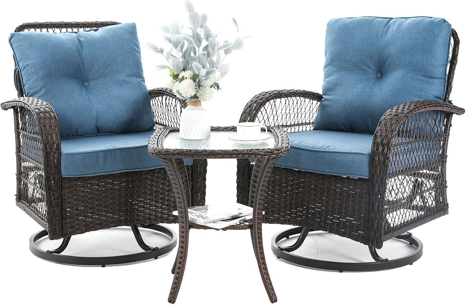 VONZOY 3-Piece Patio Furniture Set, Wicker Swivel Glider Rocker Bistro Set