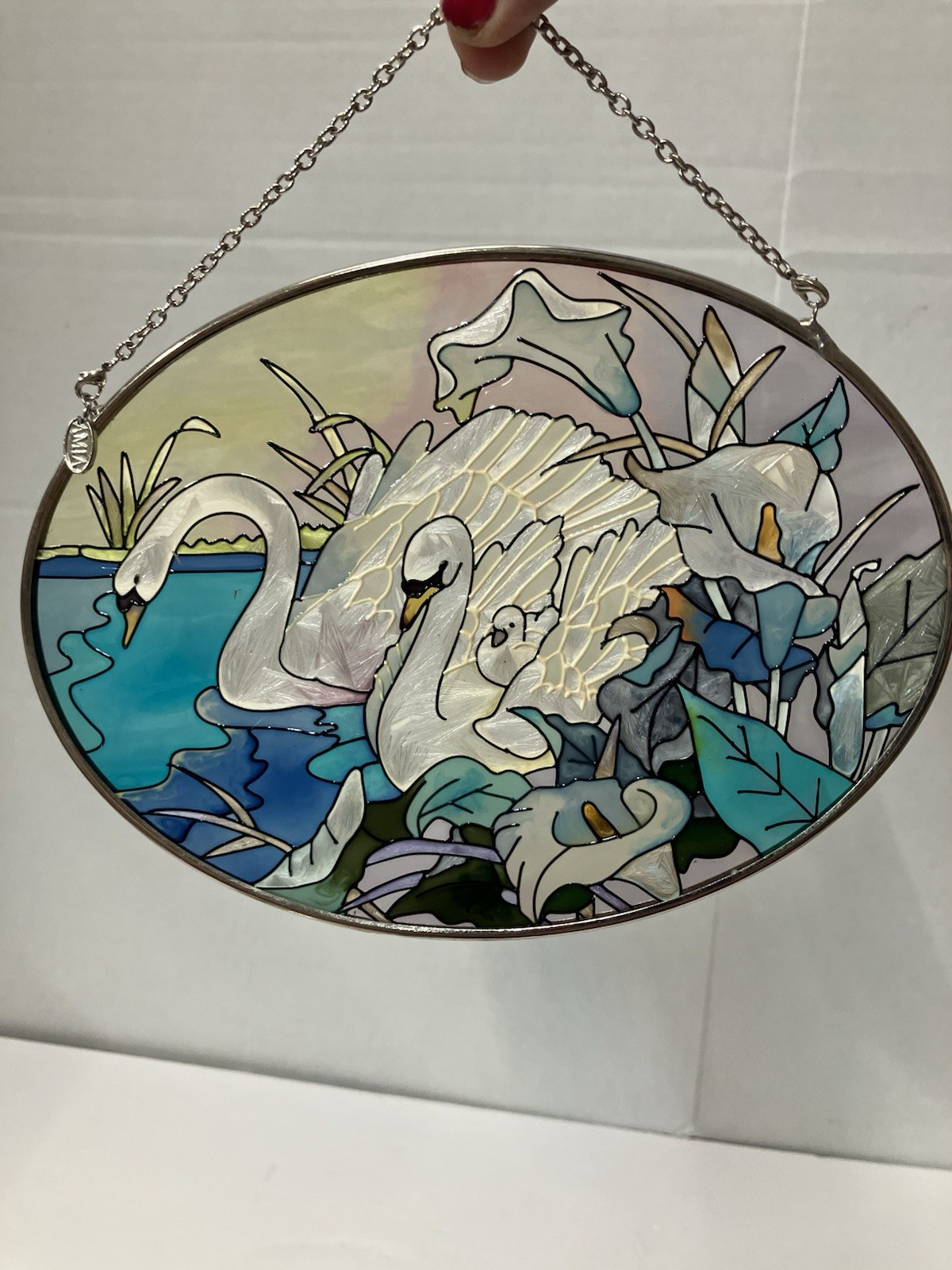 Amia Studios Hand Painted Glass Suncatcher Oval Swans USA