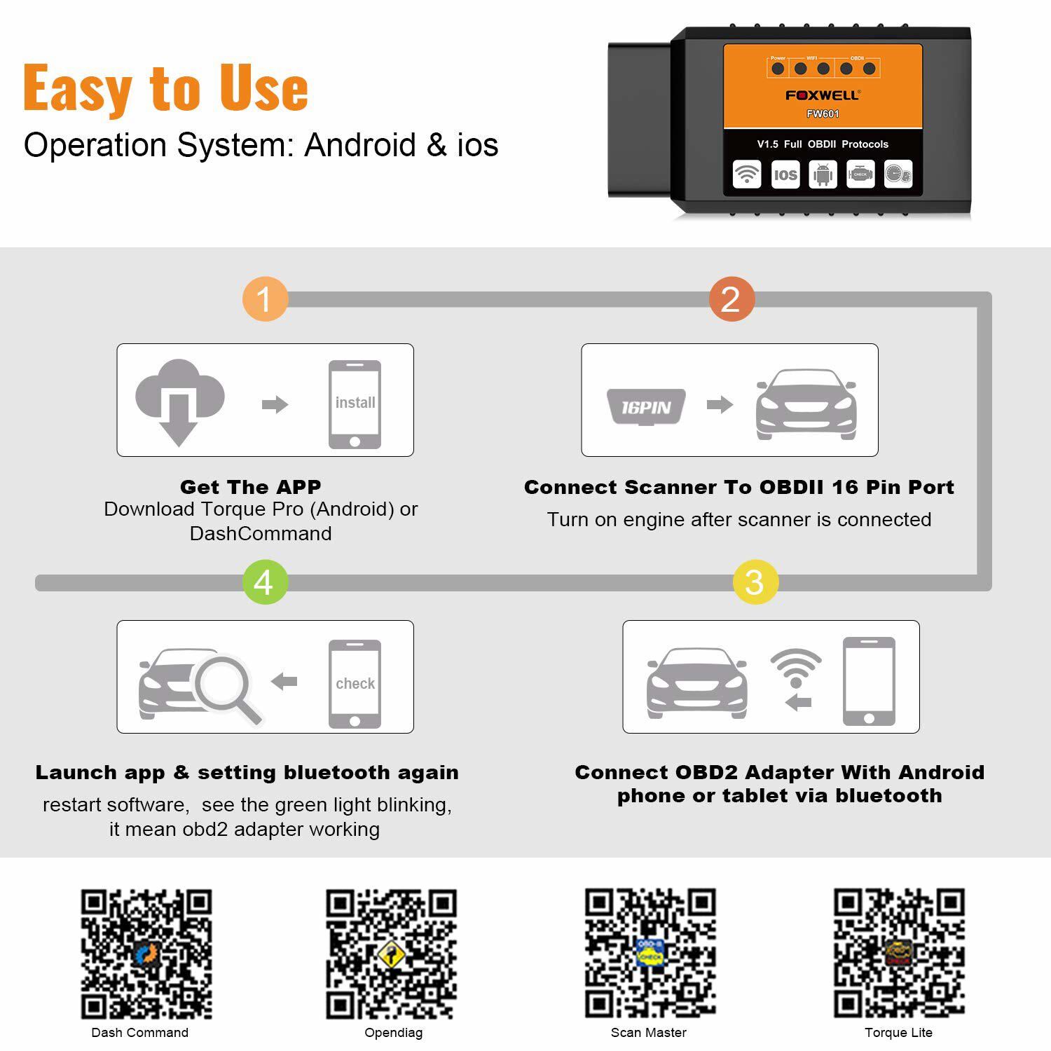 FOXWELL FW601 ELM327 OBD2 Code Reader Bluetooth Diagnostic Tool OBDII Scanner