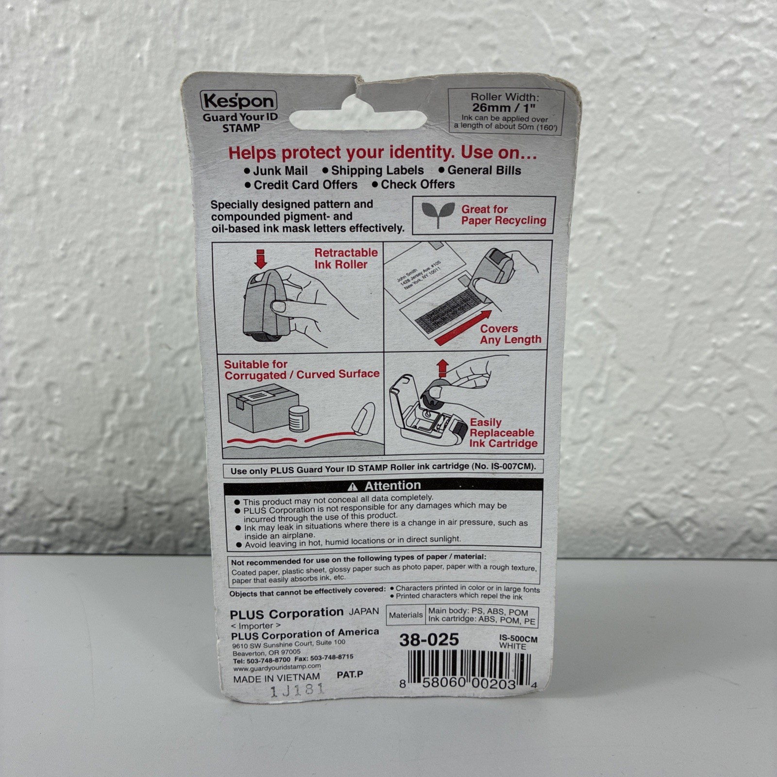 Kespon Plus Guard Your ID Stamp Roller Information Blocker 1" Roller Width Black