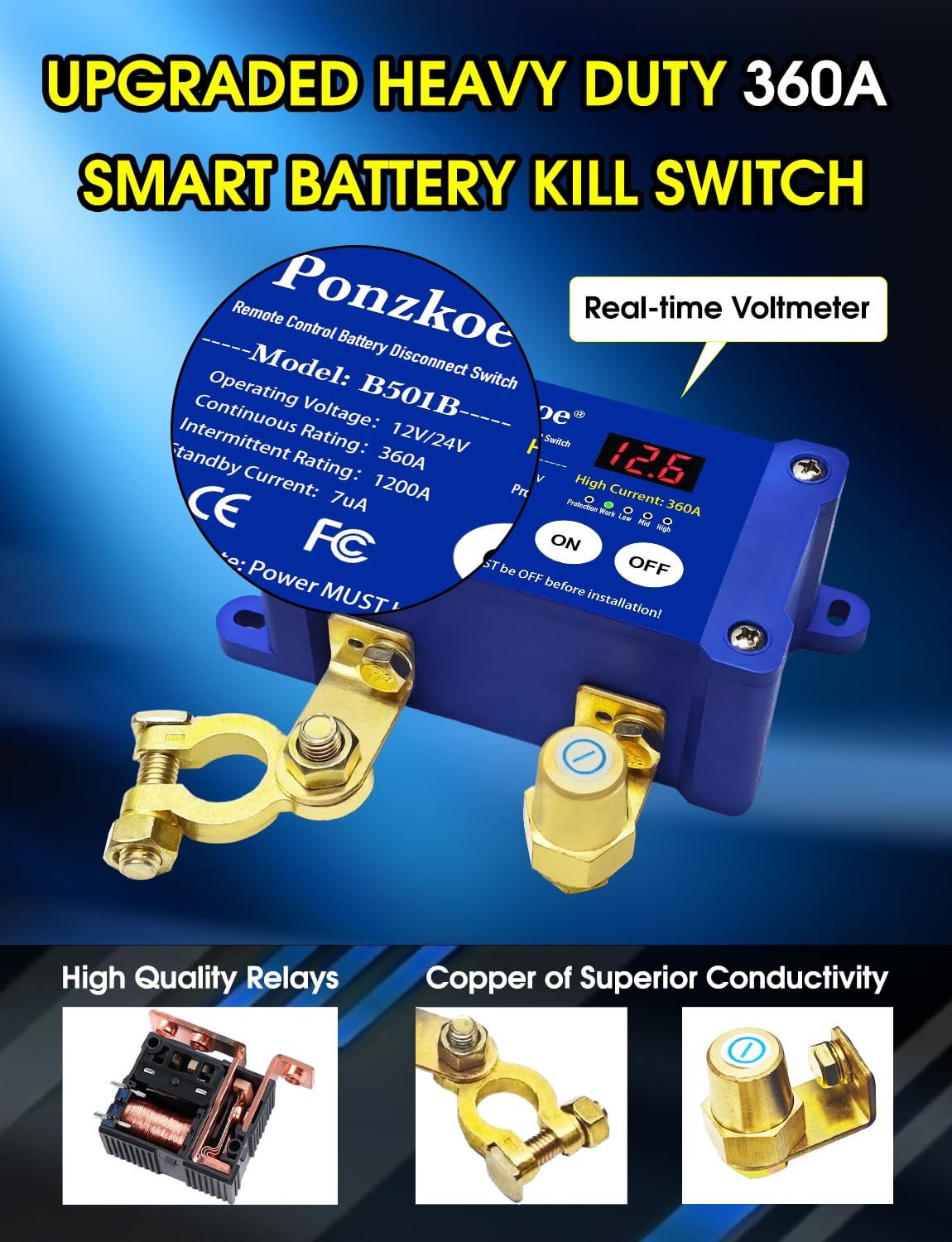 360A Remote Car Battery Disconnect Switch with LED Voltage Display - 12V Blue