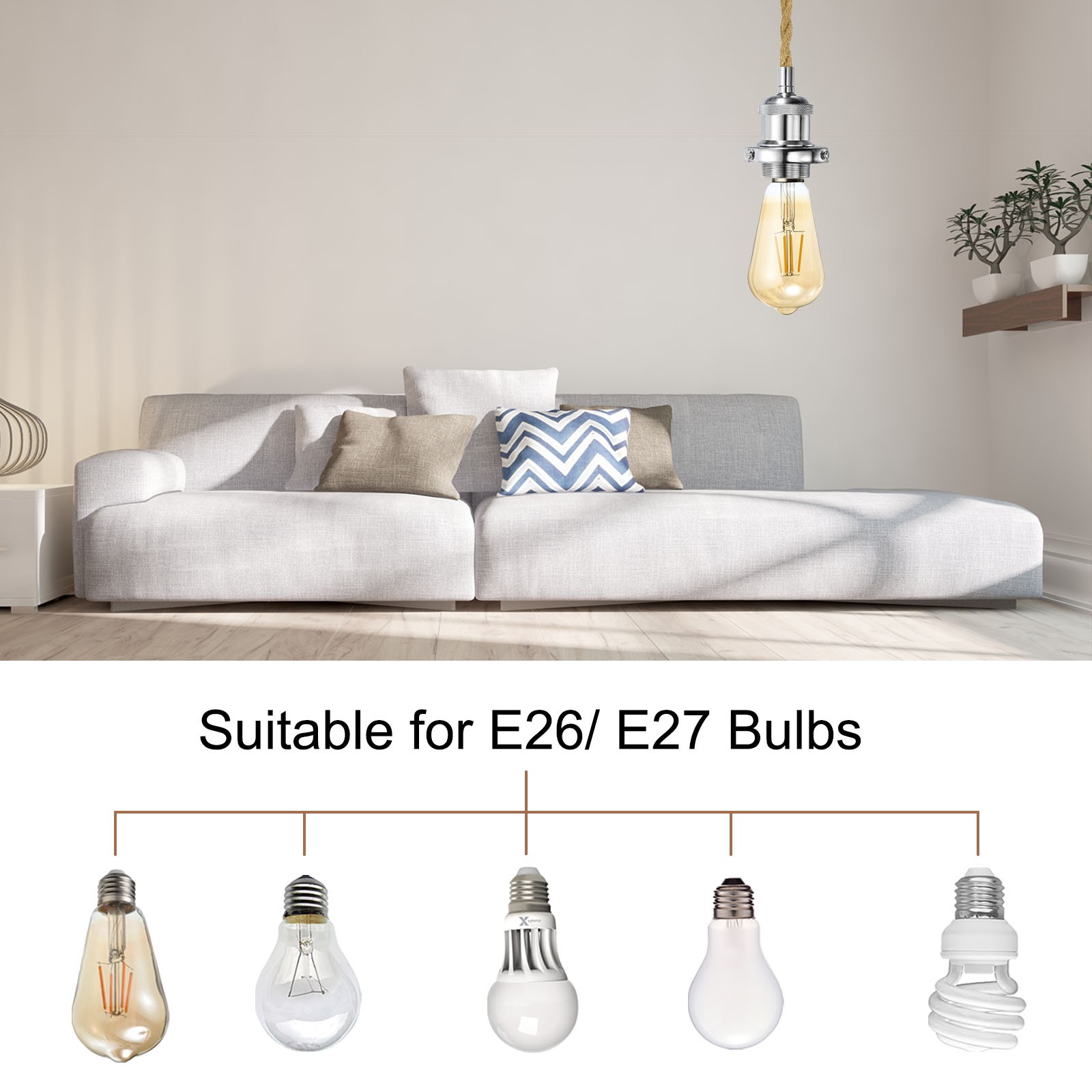 15.4Ft Pendant Light Cord Bundle Plug in E26 Socket Vintage Twisted Rope Chrome
