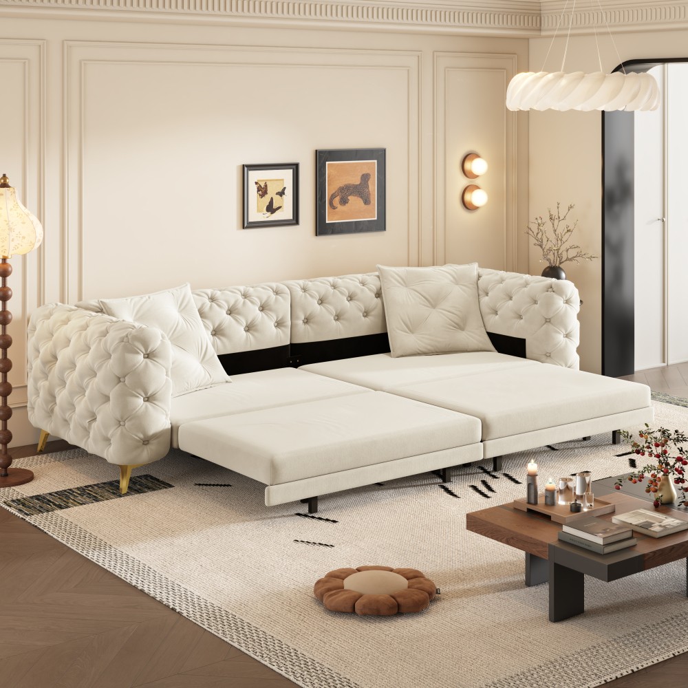 Convertible Sleeper Sofa Bed w Ottoman, Seats 4, Velvet, Beige/White