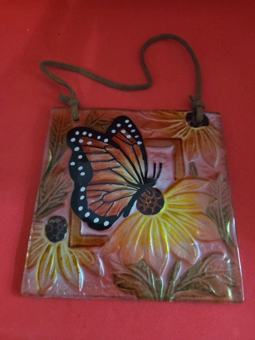 Monarch  Butterfly Glass Suncatcher- 4.5 Inches With Leather Hanger.