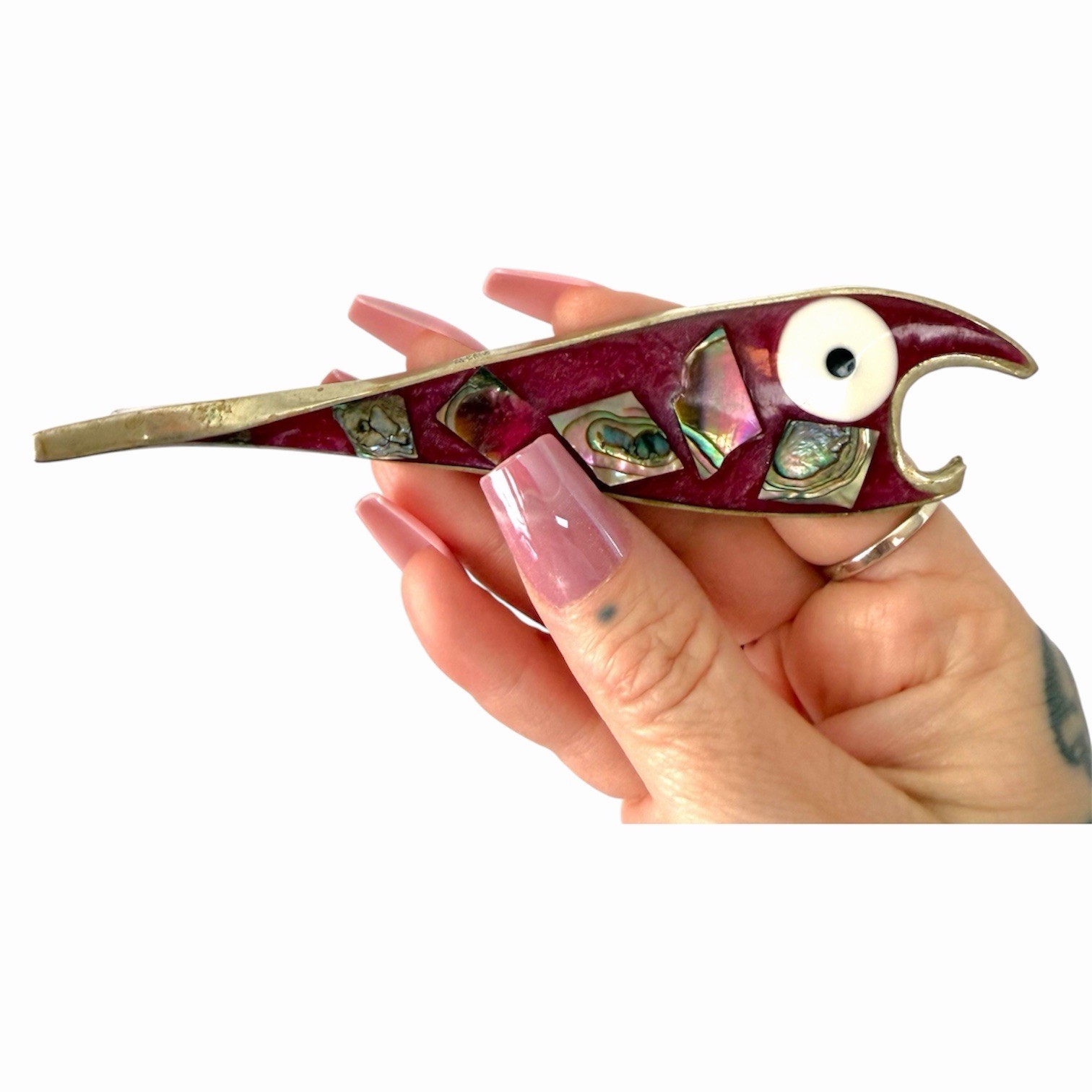 Vintage Mexican Alpaca Silver and Abalone Fish Bottle Opener Art Mcm