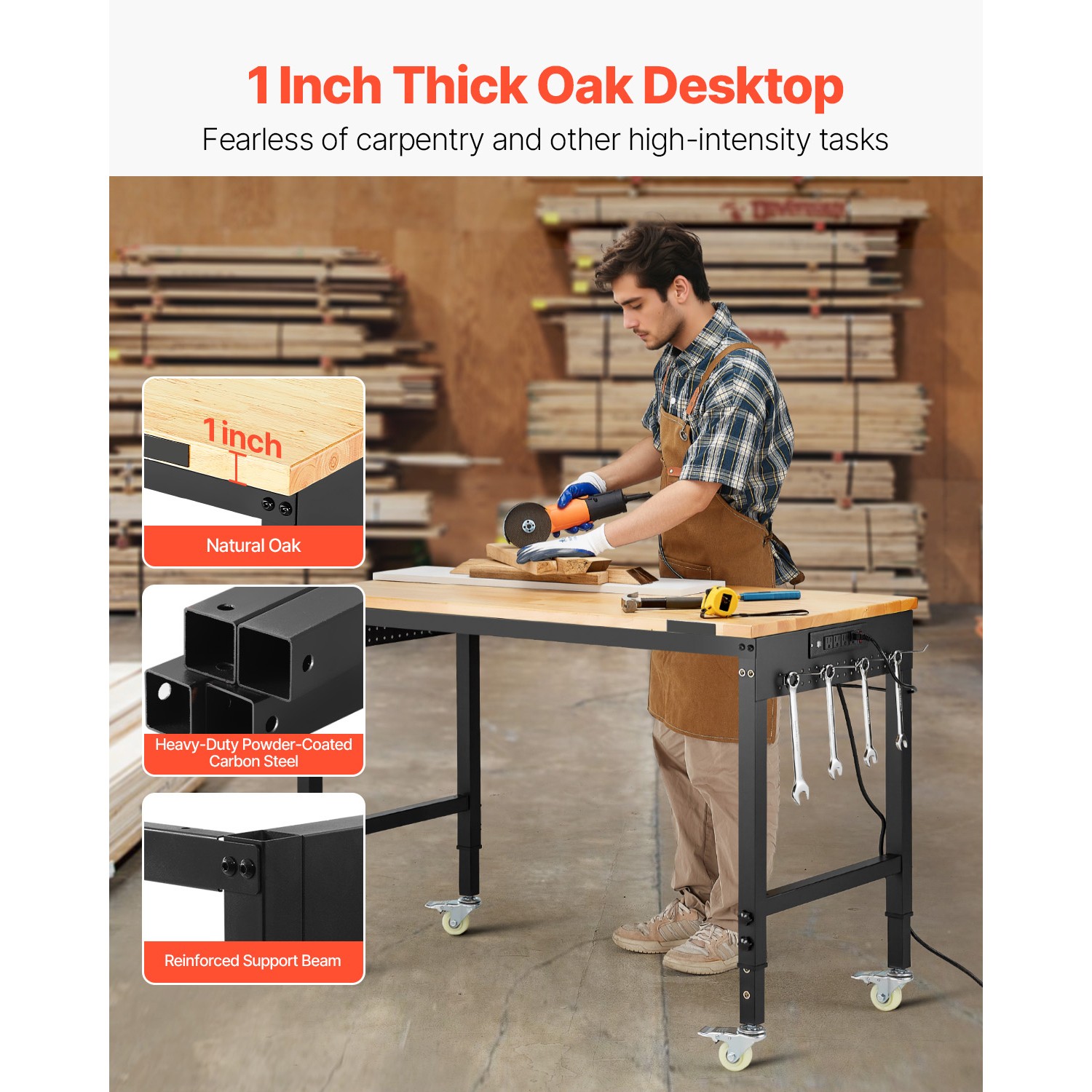 48" Adjustable Height Workbench on Wheels with Power Outlet & Pegboard