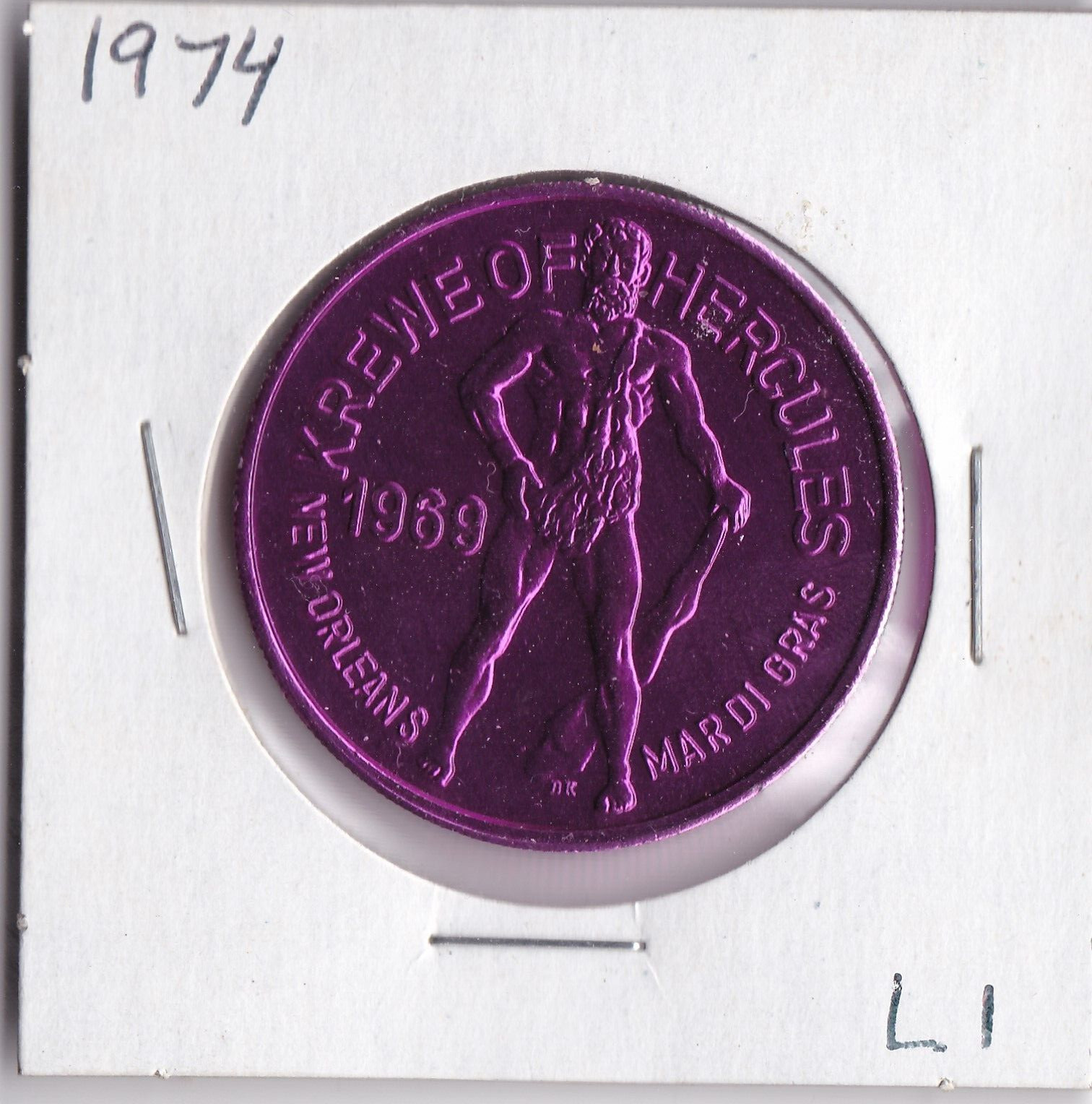 1974 KREWE OF HERCULES New Orleans Mardi Gras Aluminum DOUBLOON (Purple L1)