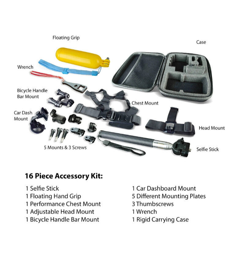 Focus Onn 16-Piece Action Camera Accessory Kit Essentials Black